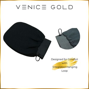Venice Gold exfoliating mitt with integrated hanging loop and comfortable elastic cuff for easy storage and secure fit