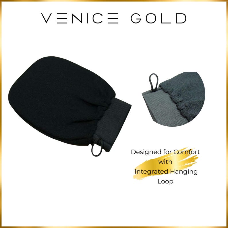 Venice Gold exfoliating mitt with integrated hanging loop and comfortable elastic cuff for easy storage and secure fit