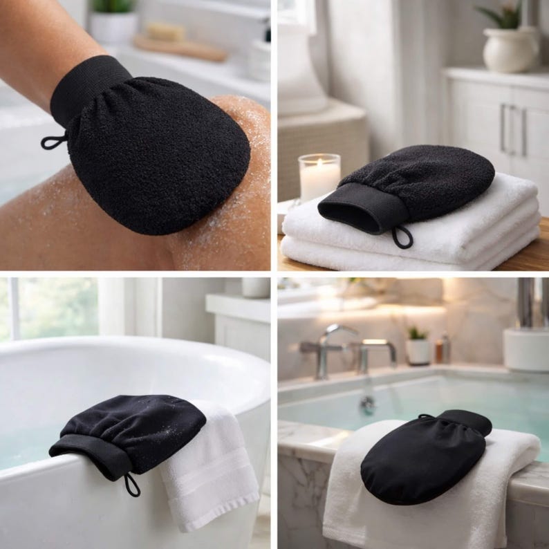 Venice Gold exfoliating mitt shown in spa-style bathroom scenes, designed for effective body exfoliation and smooth pre-tan skin prep