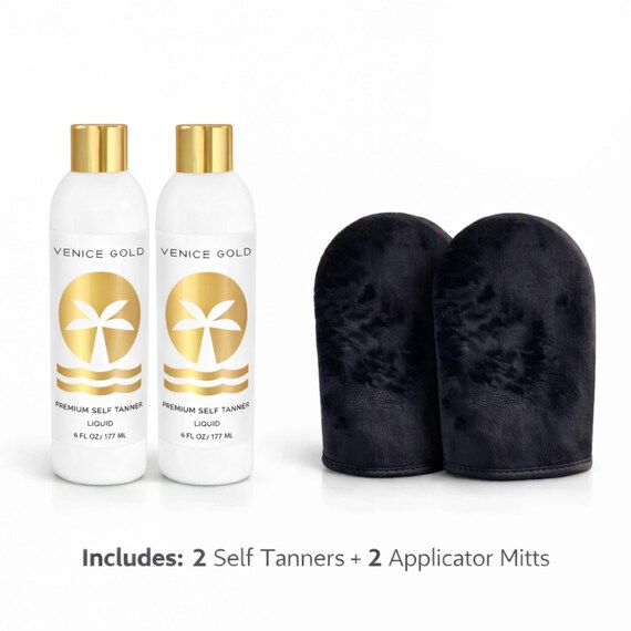 Best Self Tanning Set | Sunless Tanner Kit for Face & Body | Streak-Free Liquid Self Tanner with Applicator Mitts | Luxury Tan | Venice Gold