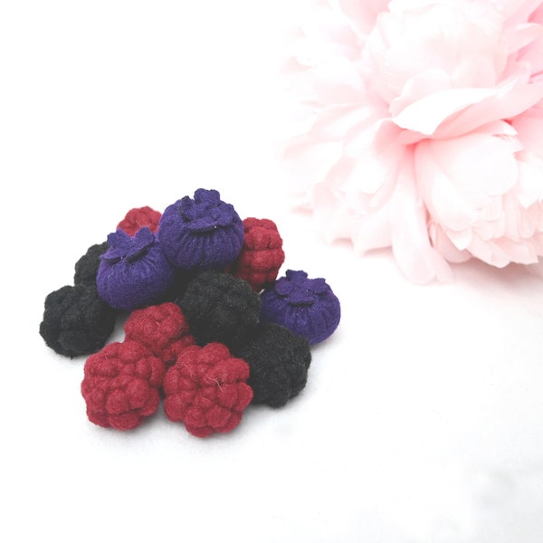 Felt food berries set, Felt blueberry, Felt raspberry, Felt blackberry, Play food, Pretend food for play kitchen toy, Felt fruit