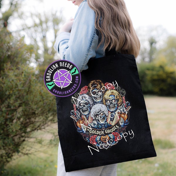 Golden Ghouls black tote, perfect gift idea, handmade design, horror fans, reusable bag, book carrier, overnight stay