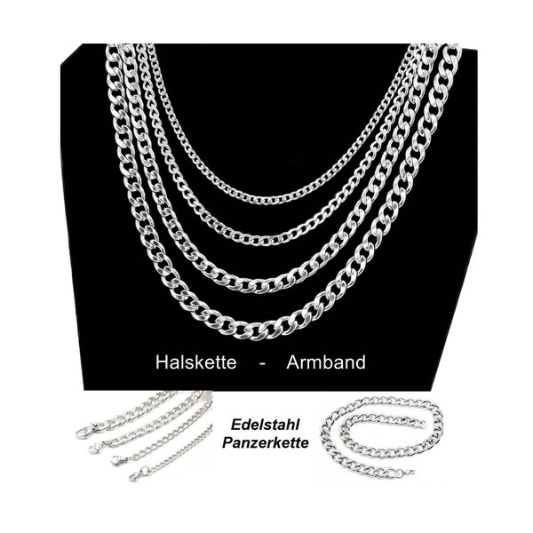 Stainless steel necklace curb chain 3.5 to 9 mm silver stainless steel chain lengths 17 - 60 cm