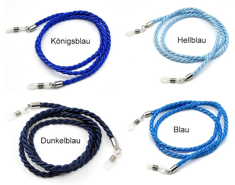 May include: Four different colors of eyeglass cords, each with silver metal clasps. The colors are royal blue, light blue, dark blue, and blue. The cords are made of twisted rope.