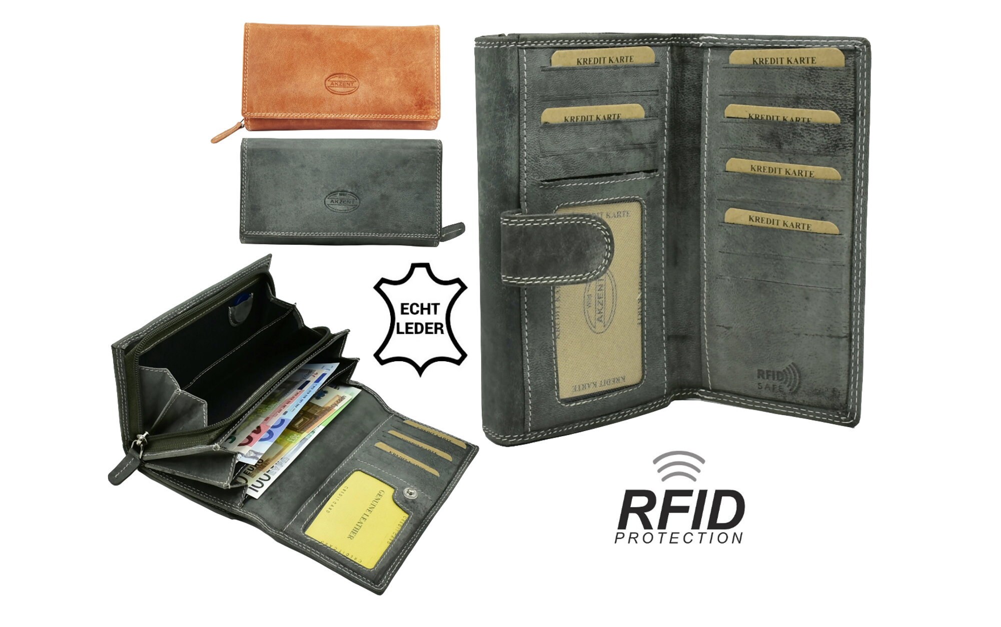 irisaa Damen Leder Wild Geldbörse Vintage Design Used Look Portemonnaie Lang Geldbeutel,RFID Schutz 21 Kartenfächer Brieftasche Groß 