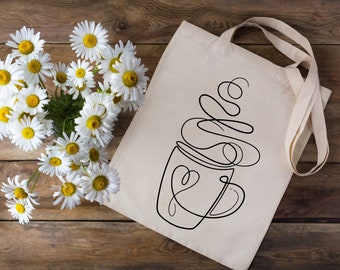 Coffee lover shopping bag. Mother&#39;s day shopper. Birthday gift. Gift for friend. Coffee gift idea. Bag with coffee line art.