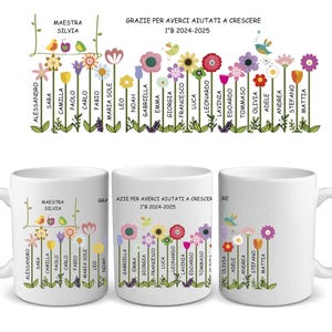 Taza personalizada para profesor/a con flores y nombres de niños, regalo fin de curso, dedicatoria personalizada profesor/a o maestro/a