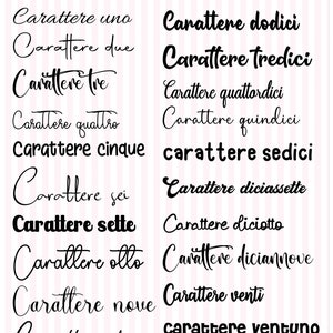 Peut inclure: Fond rose et blanc &agrave; rayures avec une liste de mots italiens dans une vari&eacute;t&eacute; de polices noires. Les mots sont num&eacute;rot&eacute;s de un &agrave; vingt-deux, avec le titre "Scegli il tuo carattere" en haut.