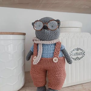 Puede incluir: Muñeca de ganchillo hecha a mano con gafas, bufanda y peto. La muñeca es gris con una camisa azul y un peto color óxido. La muñeca tiene un diseño caprichoso y se exhibe en una estantería de madera.