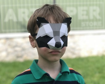 Papercraft RACCOON mask Animal 3D Low Poly Paper Mask DIY cosplay masquerade for party pepakura pattern template paper Animal Full Mask