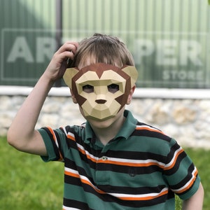 Papercraft macaco macaco máscara animal 3d baixo poli máscara de papel diy cosplay masquerade para festa pepakura padrão modelo papel animal máscara completa