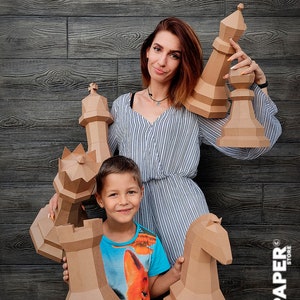 Plantilla de peón de ajedrez de papel, caballo, torre, ajedrez de papel, escultura de papel 3D de baja poli, plantilla de patrón de pepakura de ajedrez DIY, piezas DIY