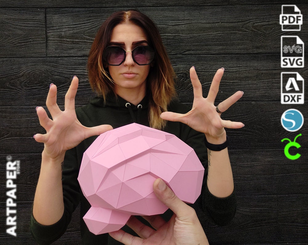 Papercraft Human Brain Valentines Day 3D Low Poly Paper Sculpture DIY gift Wall Trophy for home pepakura pattern template paper Human Trophy