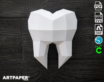 Papercraft Human Tooth Valentines Day 3D Low Poly Paper Sculpture DIY gift Wall Trophy for home pepakura pattern template paper Trophy