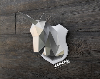 Trofeo de unicornio/caballo en papel 3D: Escultura DIY de baja poligonización (patrón PDF)