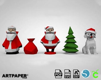 May include: A set of five papercraft Christmas decorations, including Santa Claus, a Christmas tree, a gift bag, and a dog. The decorations are made of white, red, and green paper and are designed to be assembled.