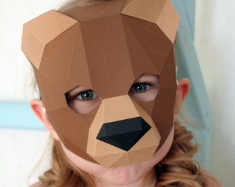 Papercraft Bear Half Mask: 3D Low Poly Animal Sculpture (PDF Pattern)