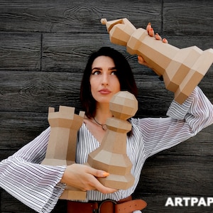 Papercraft Chess Rook Pawn Bishop template paper chess 3D Low Poly Paper Sculpture DIY chess pepakura pattern template Pieces DIY