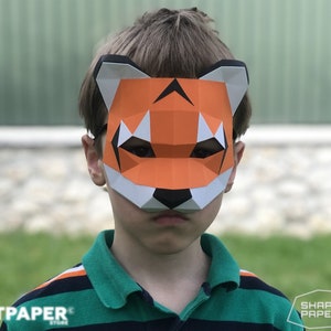 Papercraft Tiger Half Mask Animal 3D Low Poly Paper Sculpture DIY gift Wall Trophy for home pepakura pattern template paper Animal Half Mask