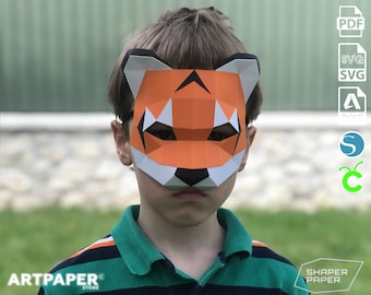 Demi-masque de tigre en papier artisanal : sculpture 3D low poly (Modèle PDF)
