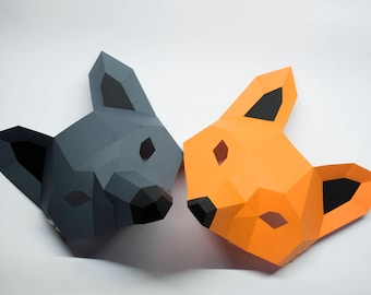 Papercraft Wolf & Fox Half Mask: 3D Low Poly DIY (PDF Pattern)