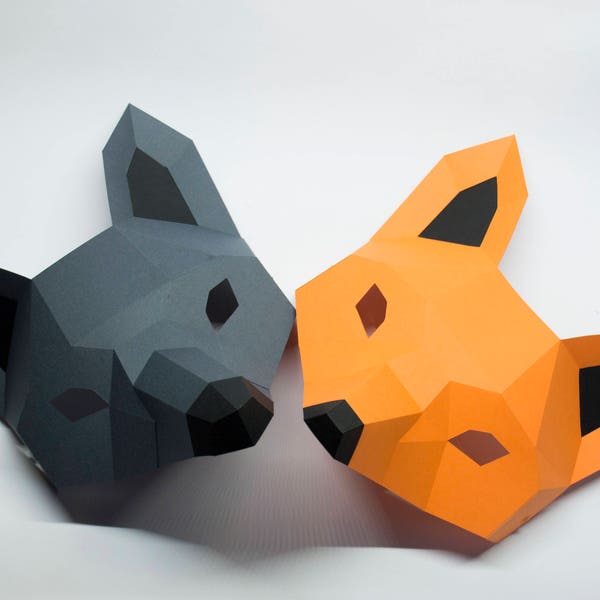 Papercraft Wolf Fox Half Mask 3D Low Poly Paper Sculpture DIY gift Wall Trophy for home pepakura pattern template paper Animal Half Mask