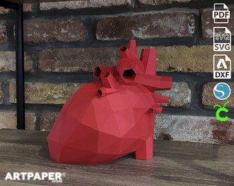 Papercraft Desktop Human Heart Valentines Day 3D Low Poly Paper Sculpture DIY gift Wall Trophy for home pepakura pattern template paper