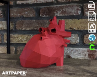Papercraft Human Heart Desktop – 3D Low Poly Paper Sculpture, Digital PDF Template, DIY Origami Decor, Valentine&#39;s Day Gift