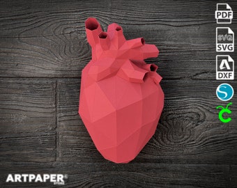 Papercraft corazón humano Día de San Valentín 3D Low Poly papel escultura DIY regalo pared trofeo para el hogar pepakura patrón plantilla papel trofeo