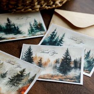Carte de voeux de remerciement Misty Forest – Téléchargement numérique instantané, 4 cartes, recto, feuille A4
