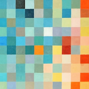 Abstract painting, pixel painting, geometric abstraction, turquoise abstract painting, cubist painting, squares painting, blue abstract