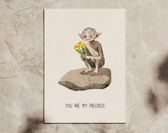 Premium Valentinstag Karte für Herr der Ringe Fans | Gollum Watercolor Design | Lustiges Geschenk für Freund oder Freundin