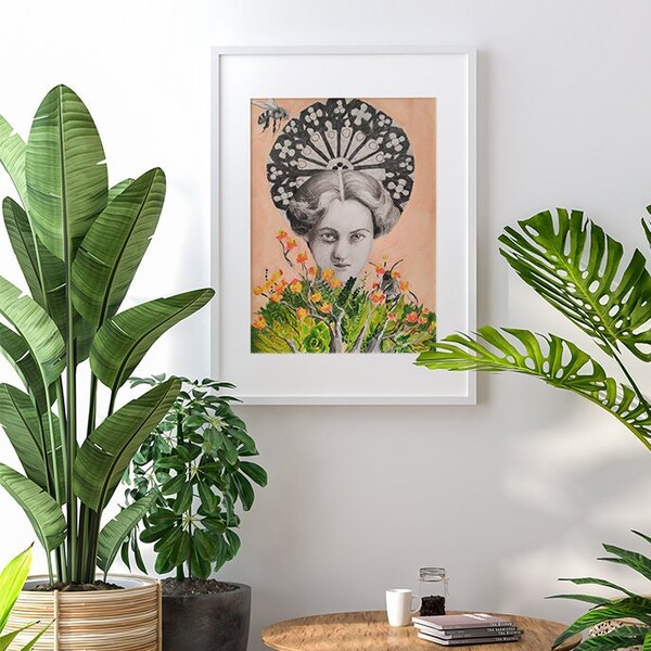 Illustration portrait de jeune femme avec rosace mandala et abeille dans le style victorien tirage giclée série limitée signée et numérotée