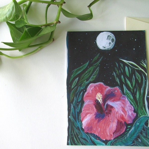 Carte de vœux illustration peinte à la gouache fleurs d'hibiscus et pleine lune