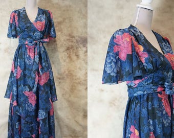 70s Floral Dress, Vintage Floral Print Dress, Wedding Guest Dress, Summer Dress, Hippie Boho Bohemian Festival Dress, Size M, Medium