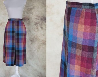 70s Wool Skirt, Tweed Skirt, 1970 Midi Checked Plaid Skirt, Vintage Boho Mod Skirt, Size S, Size M, Small Medium