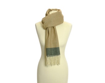 The Cotton® Soft Brown & Green Herringbone Lambswool Fringe Scarf (Customizable)