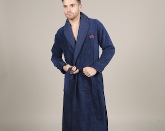 Men's Navy Terry Towel Robe: 100% Luxury Cotton Bathrobe