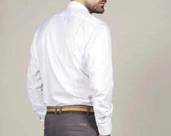 Modern Classic Men's Ensemble: Striped Canvas Belt, White Canclini Shirt, and Slim Charcoal Grey Chinos - Complete the Look! | Discounted