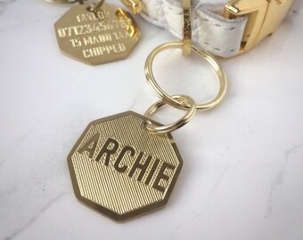 Engraved Dog Name Tag, Handmade Brass Octagon ID Tag
