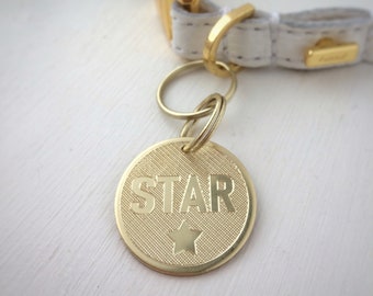 Personalised Brass Dog ID Tag with Star, Double Sided Name Disc