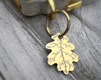 Personalised Oak Leaf Dog ID Name Tag in Brass