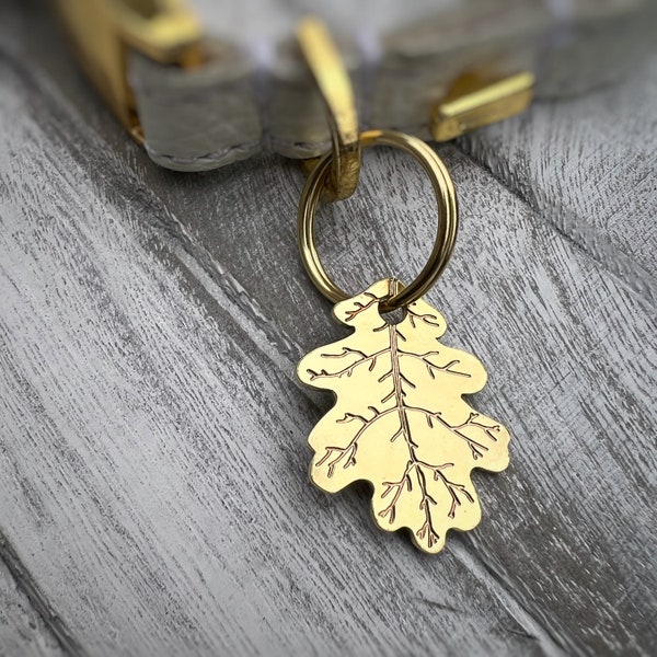 Personalised Oak Leaf Dog ID Name Tag in Brass