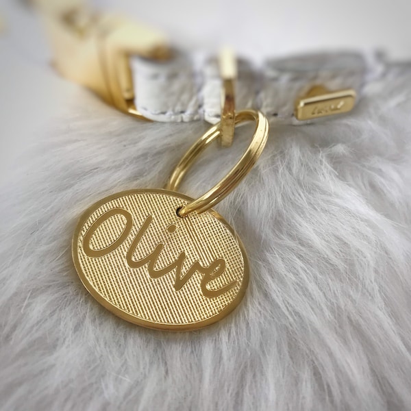 Handmade Double Sided Dog ID Tag, Microchipped Dog Name Tag, Gold Colour