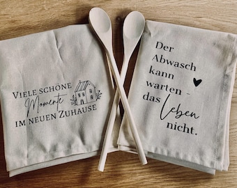 Geschirrtuch mit Spruch und Kochlöffel Geschenk Einzug Geburtstag grau schwarz beige