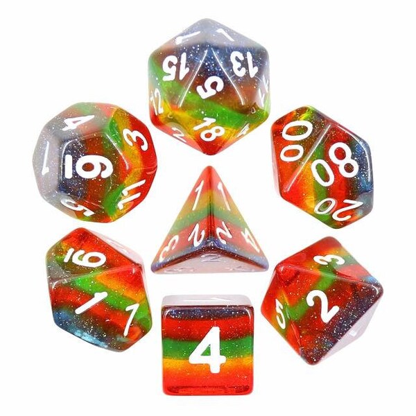 Rainbow Gem Transparent RPG Dice 7 Piece Polyhedral Set for Dungeons and Dragons, Pathfinder, Tabletop Games