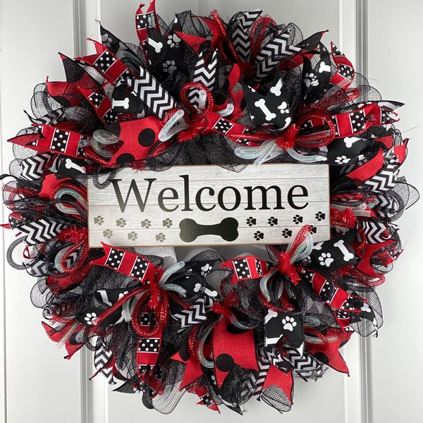 Red, White and Black Dog Wreath For Front Door, Spring Wreath For Dog Lover, Dog Lovers Gift, Dog Decorations For Home, Paw Print Wreath