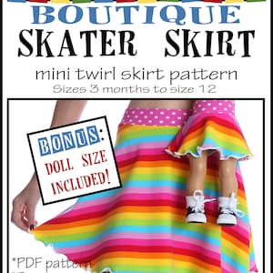 May include: A rainbow striped skater skirt with a white ruffle hem. The skirt is being held by a hand. A smaller doll-sized version of the skirt is attached to the larger skirt. The text on the image reads "WildByDesign Boutique Skater Skirt mini twirl skirt pattern Sizes 3 months to size 12 BONUS: DOLL SIZE INCLUDED! *PDF pattern *Picture tutorial Copyright 2017 WildByDesign Boutique LLC"