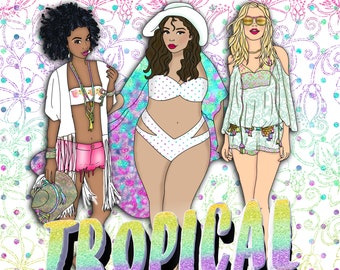 Tropical  Clipart, Fashion Girls, tropics, beach, jungle, summer Glitter graphic digital Clip Art, Planner Stickers