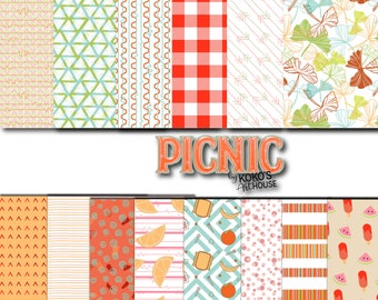 Summer Picnic digital patterns, family, summer, yellow, green, orange, citrus, bright, happy, abstracts scrapbooking Planner Stickers